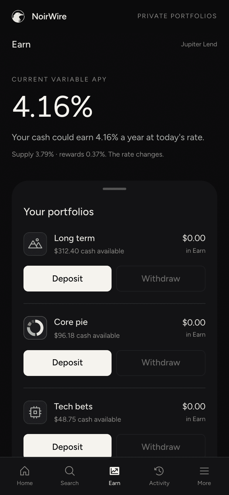 Earn in the app: the current variable rate and the cash each portfolio could lend