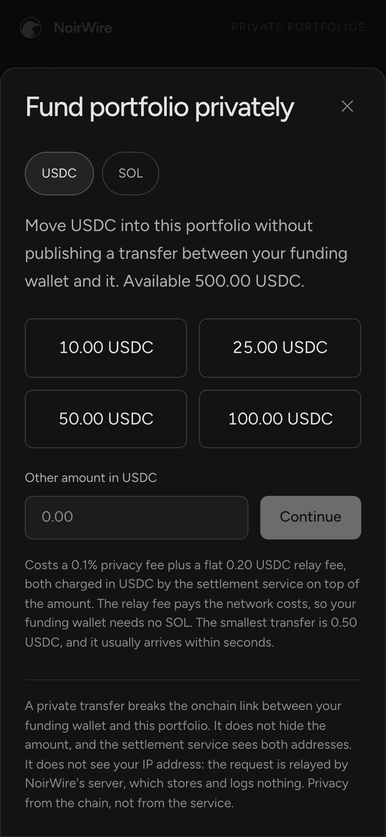 The private funding sheet in the app, with its fee spelled out