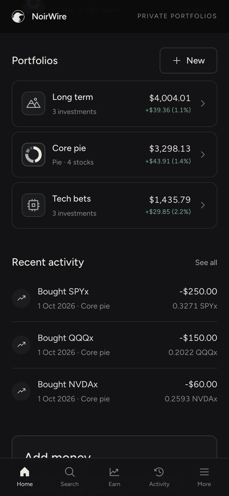 Three portfolios in the app, one of them a pie, each with its own value