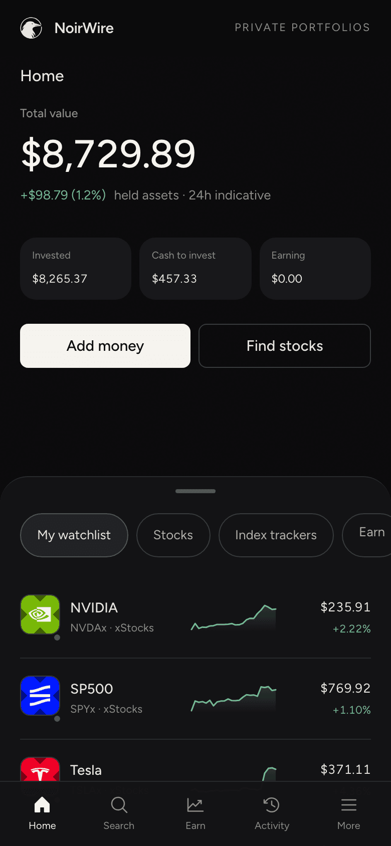 NoirWire home on a phone: total value, cash to invest and a watchlist
