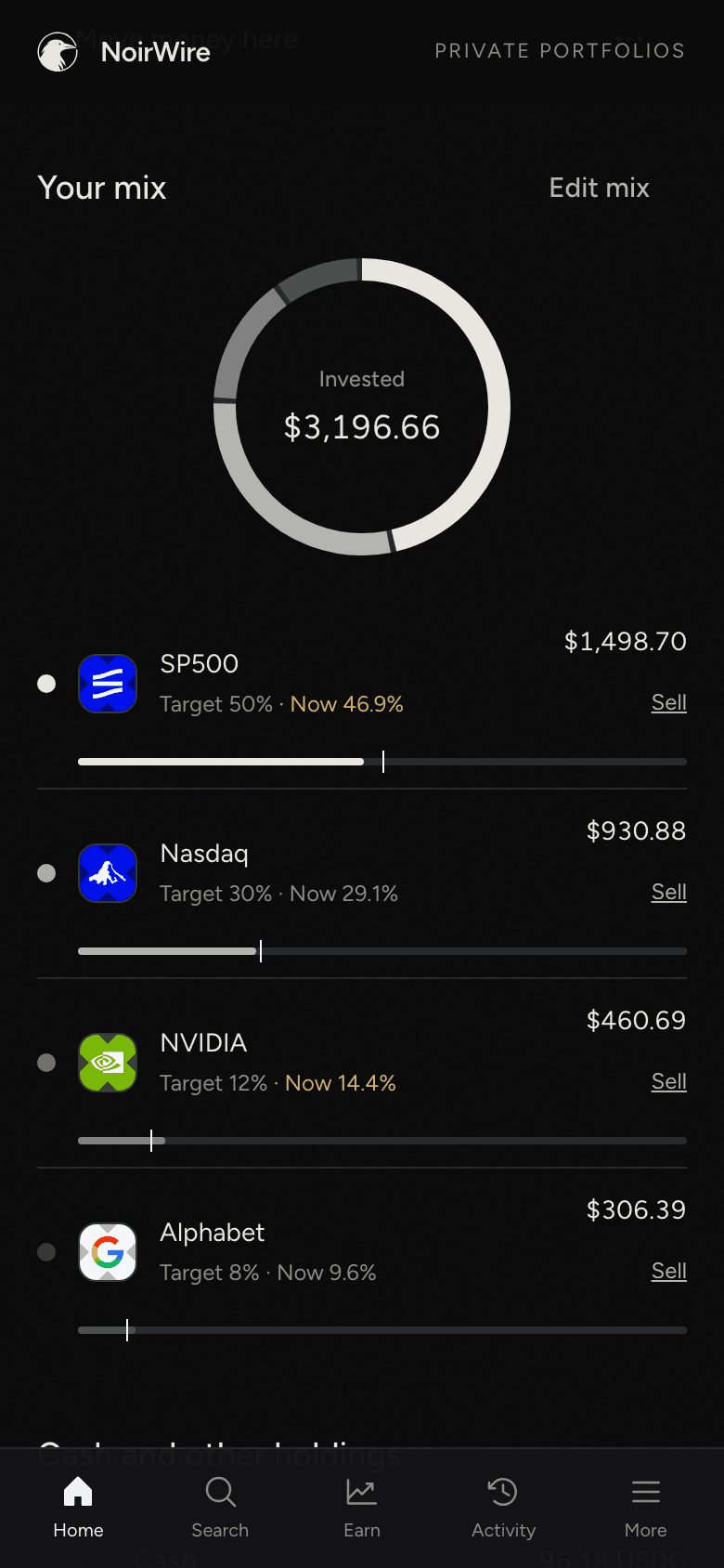 A pie in the app: a ring showing the mix, and each tracker's target next to where it stands now
