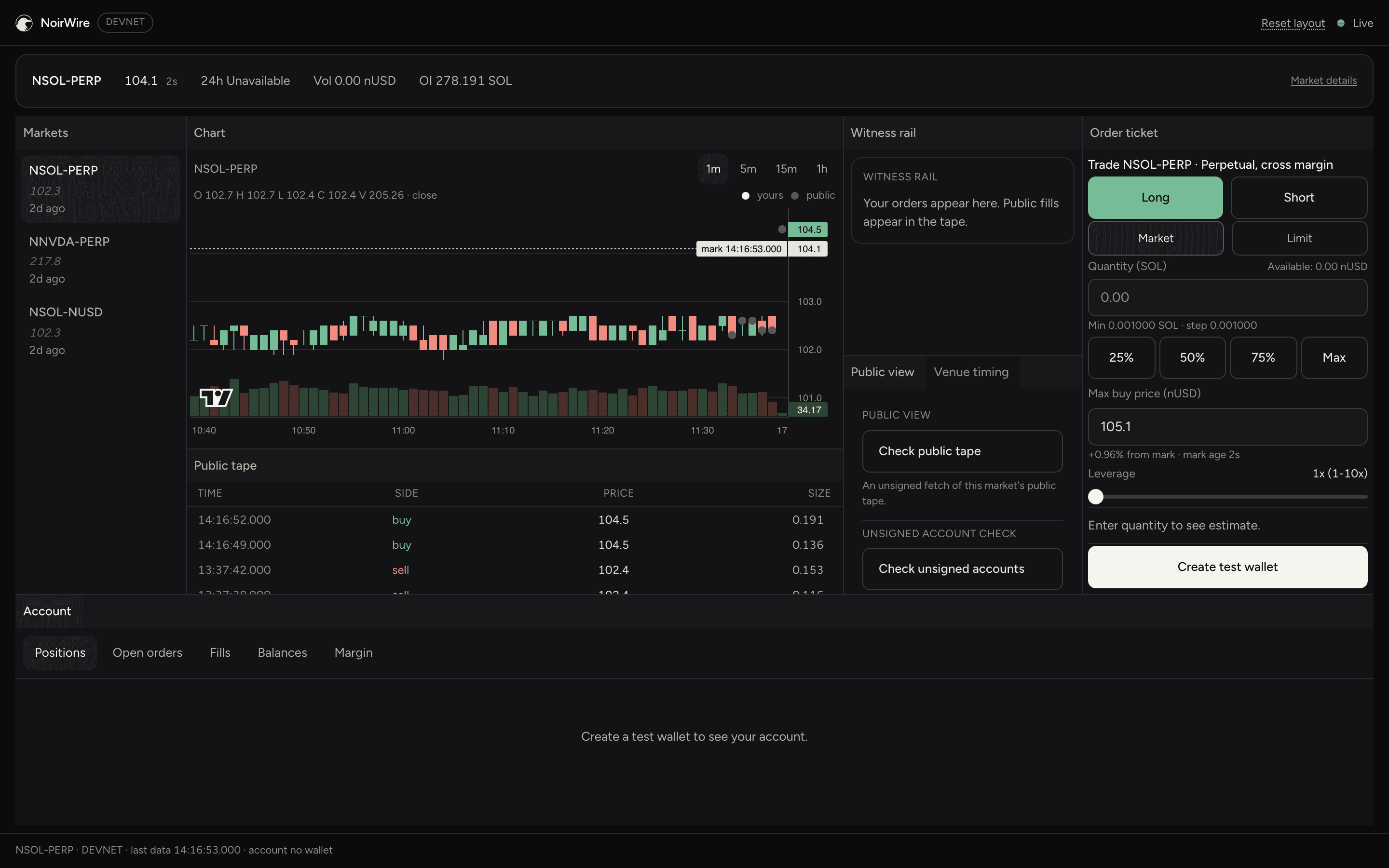 The NoirWire terminal on devnet: markets, a live chart, the public tape and the order ticket