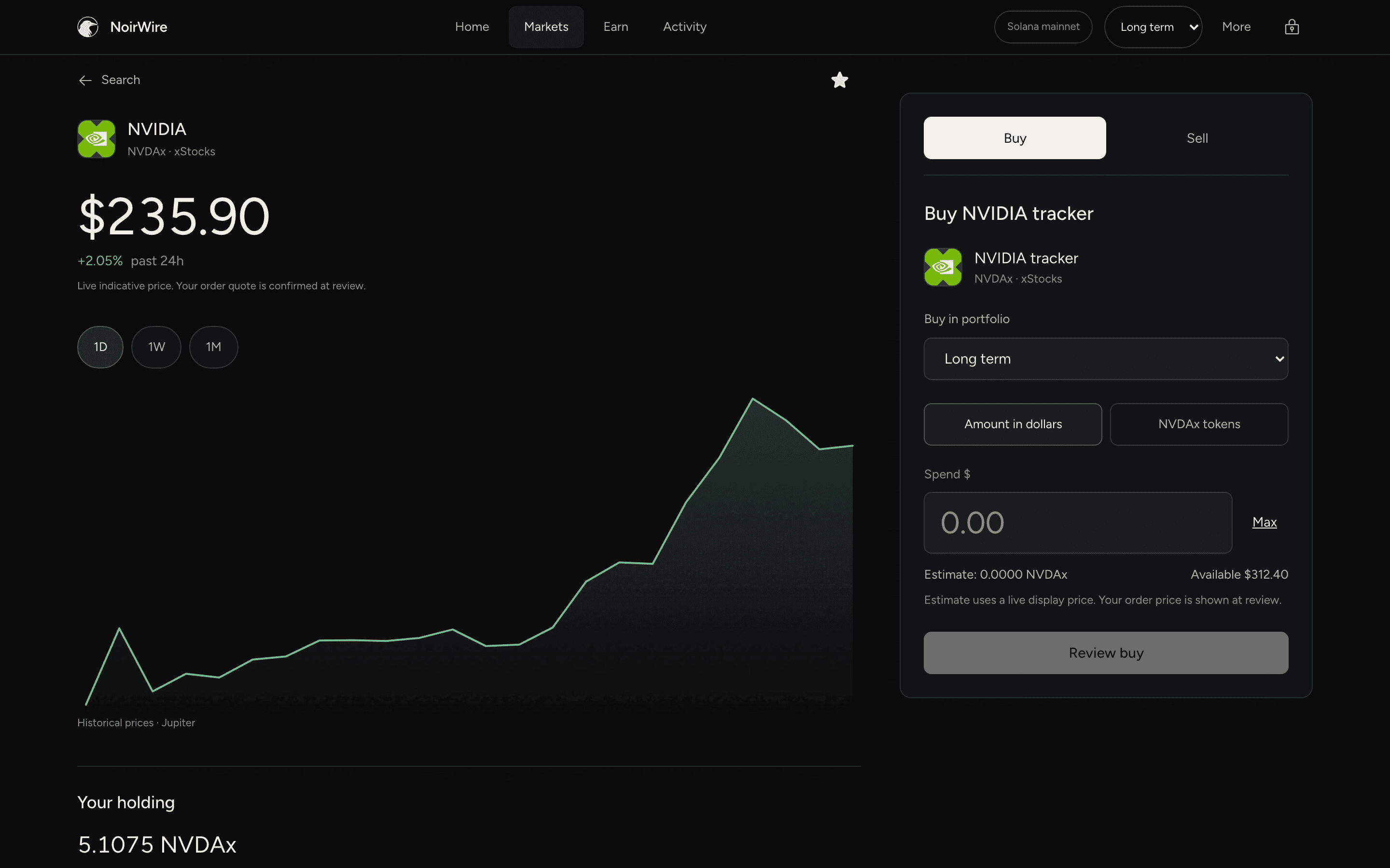 A tracker on desktop: live price, a one day chart and the buy panel with its portfolio and amount
